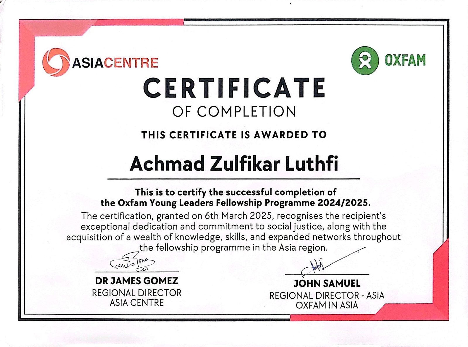 Oxfam and Asia Centre fellowship certificate for Achmad Zulfikar Luthfi